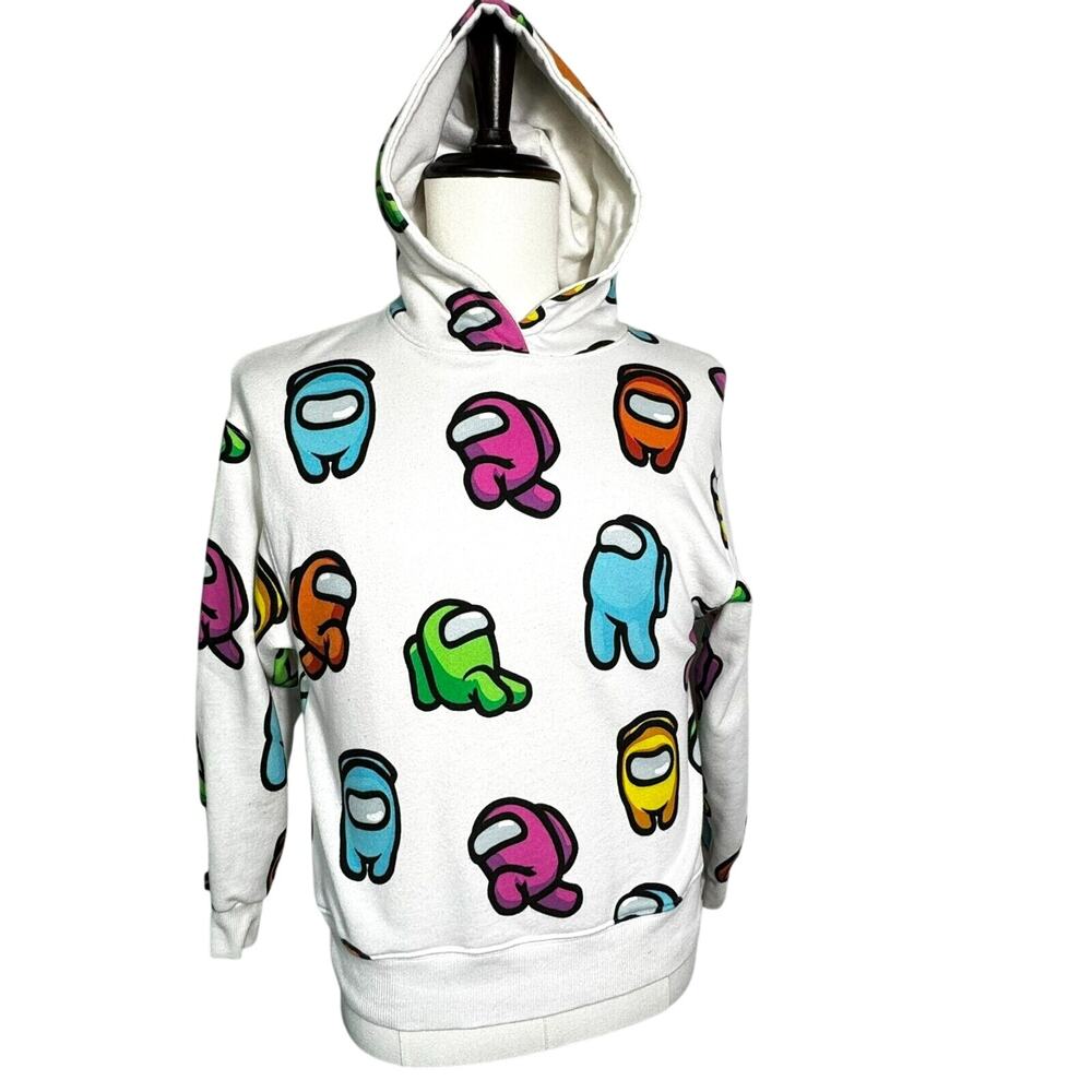 ZARA Unisex Kids Large 13-14 White Among Us Crew Hoodie Sweatshirt Rainbow Gamer